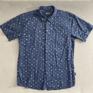 Patagonia Back Step Button Up Shirt Men's Large Blue Print Hemp Organic Cotton